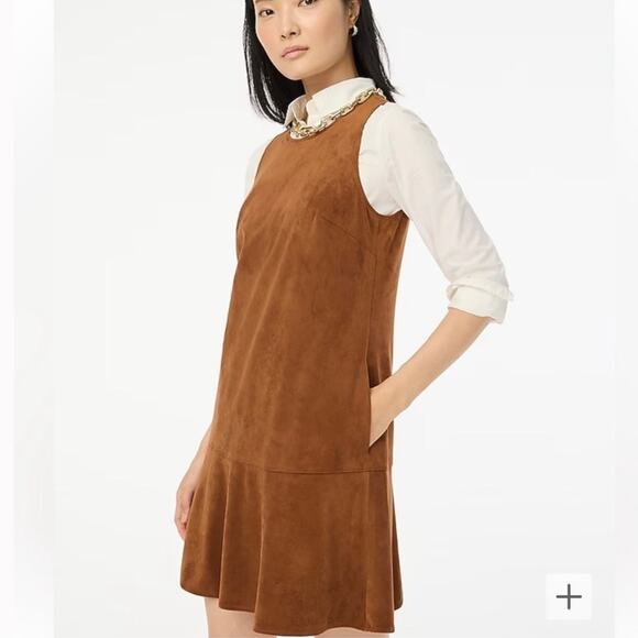 J Crew Carmel Brown Faux-suede drop-waist ruffle Sleeveless mini dress 8 - Picture 6 of 11